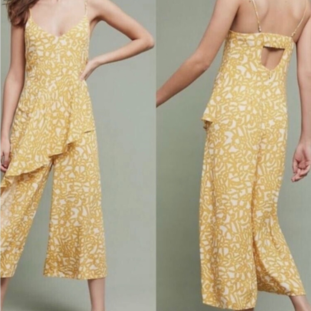 Anthropologie Maeve Yellow White Goldenrod Britany  Jumpsuit Sz12 EUC